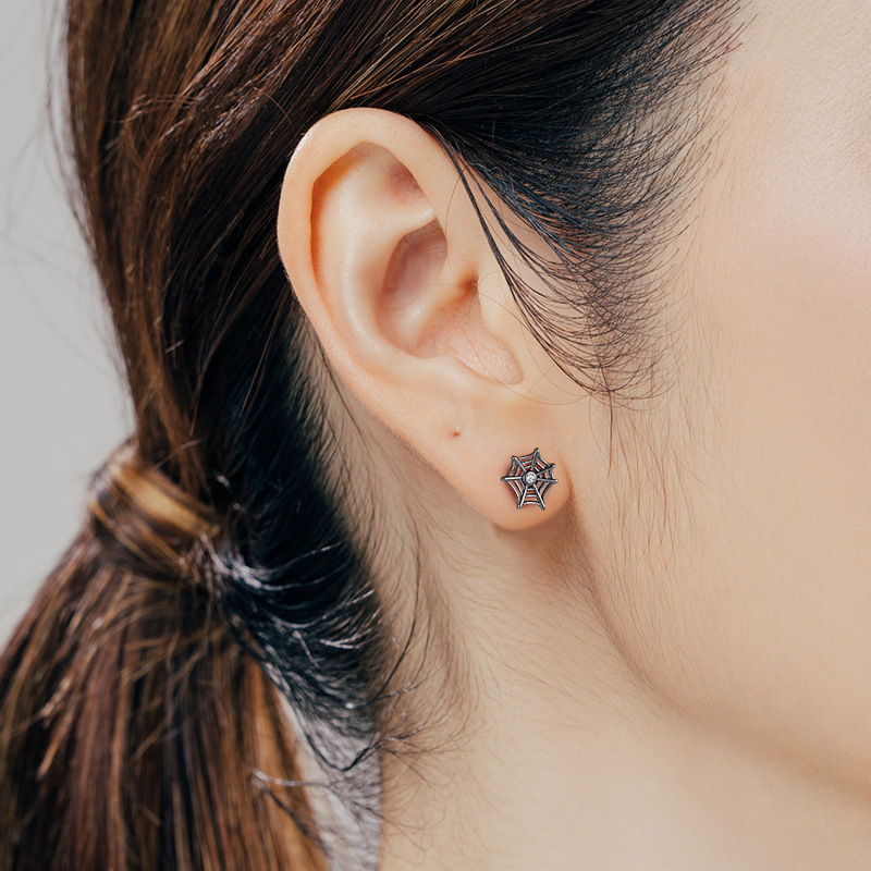 S925 Silver Dark Style Personalized Creative Spider Web Zircon Screw Stud Earrings Halloween