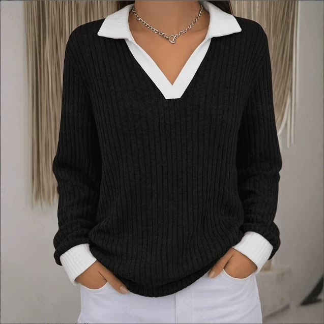 Women's Color-block Lapel Long-sleeve Plus-size Top