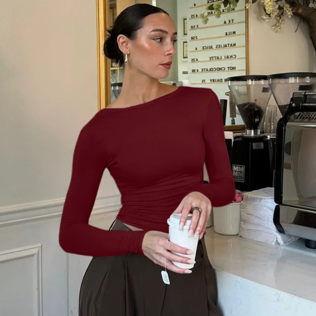 Slim Fit Slim Backless Solid Color Long sleeved Top Wine Red - Shop at LoveMi