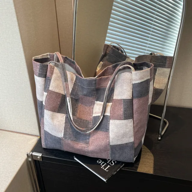 Women's Large Capacity Denim Color contrast Check Idle Style Shoulder Commute Leisure Handbag Versatile Tote Bag Brown - Shop at LoveMi