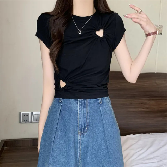 Women's Summer Hollowed Heart Shape Design Peplum Top T shirt Black - Shop at LoveMi