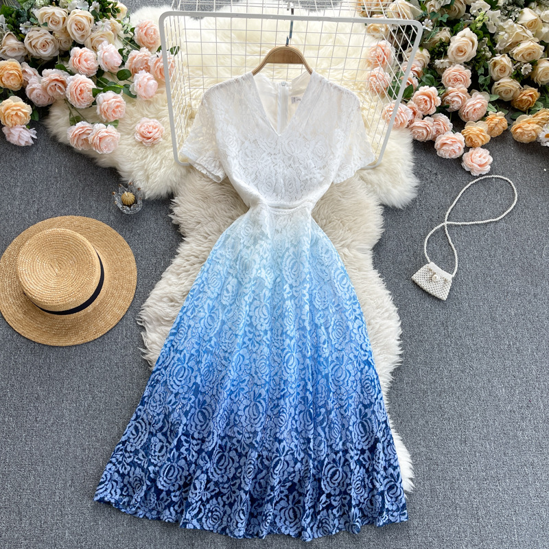 French Elegant Niche Design V-neck Short Sleeve Gradient Color Lace Dress