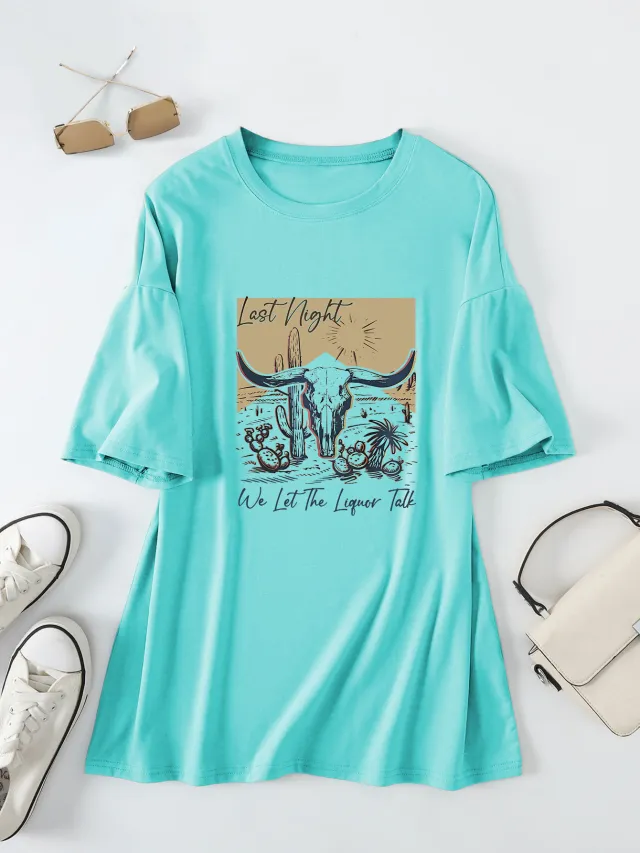 Casual Women's Round Neck Loose Short Sleeves Blue - Shop at LoveMi