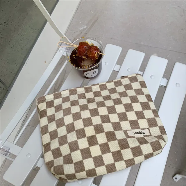 Portable Corduroy Chessboard Clutch Buggy Bag Brown - Shop at LoveMi