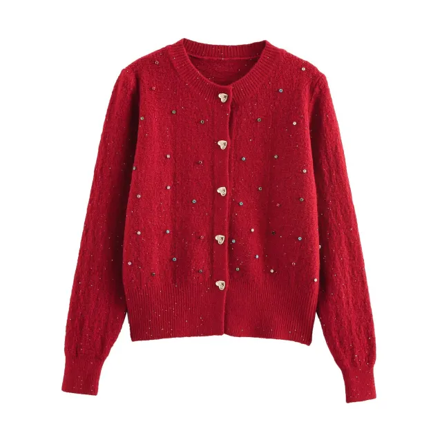 European And American Style Fashion Sequin Colorful Crystals Love Button Knitted Cardigan Jacket Red - Shop at LoveMi