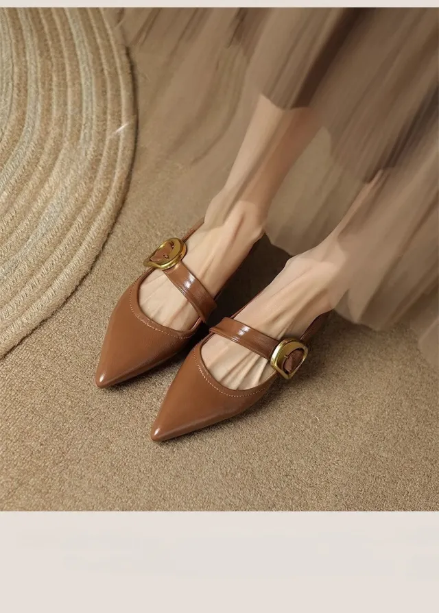 French Style Pointed Toe Shallow Mouth Low Heel Buckle Leather Shoes Brown - Shop at LoveMi