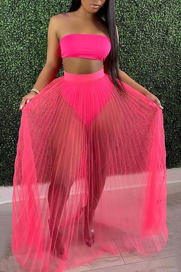 Fashion Women Mesh Pleated Skirt Three piece Dress Rose - Shop at LoveMi