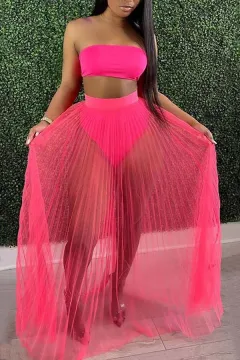 Fashion Women Mesh Pleated Skirt Three-piece Dress - Rose - View 1