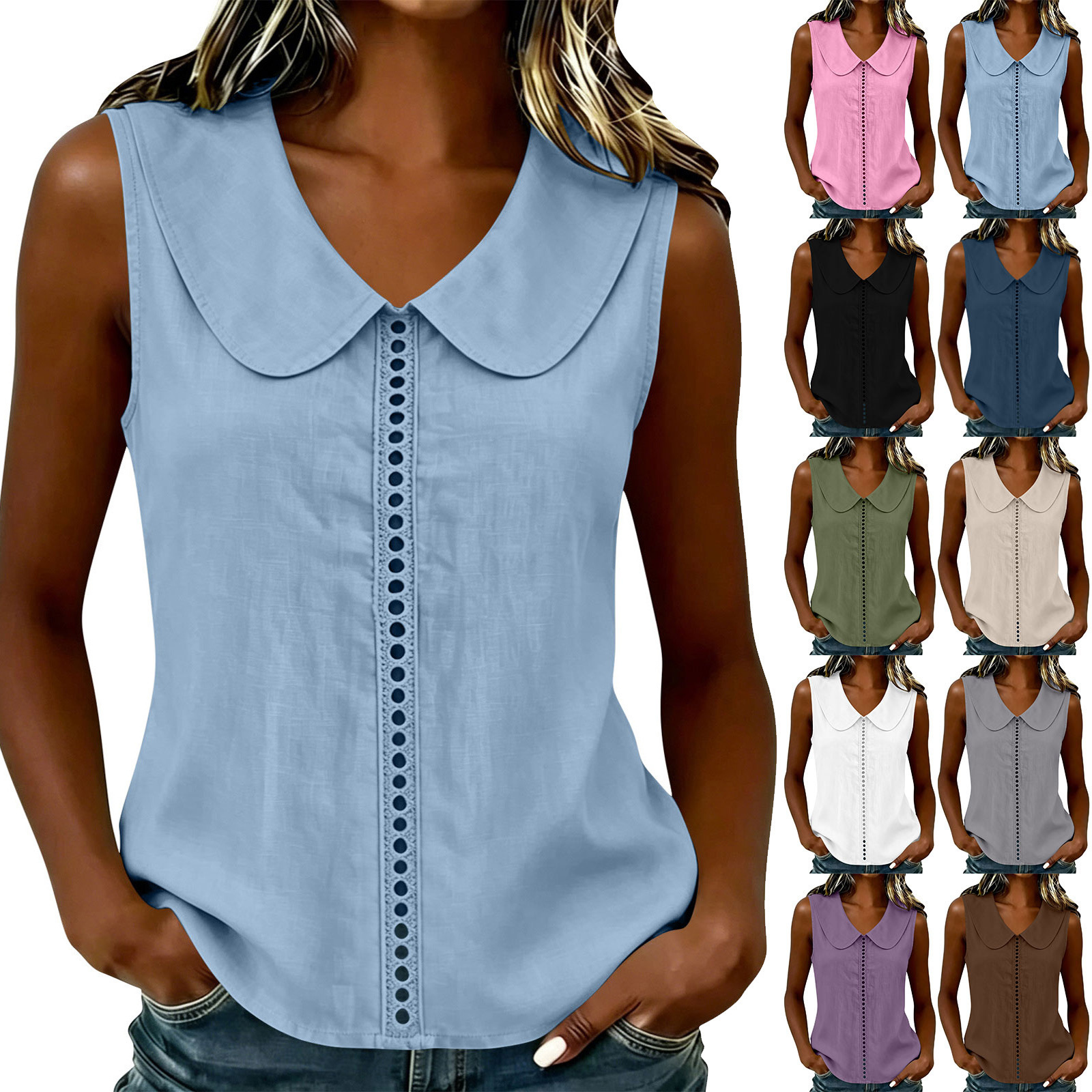 Loose-fit Vest With A Turn-down Collar Lace-panel Design And A Casual Sleeveless Style