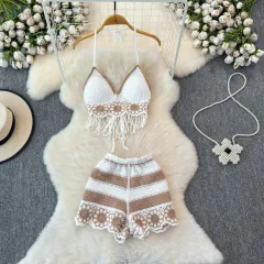 V-neck Fringe Vest High-waisted Hollowed-out Wide-leg Shorts Women's Suit - Coffee - View 1