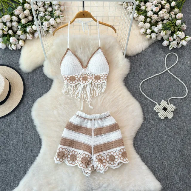 V neck Fringe Vest High waisted Hollowed out Wide leg Shorts Women's Suit Coffee - Shop at LoveMi