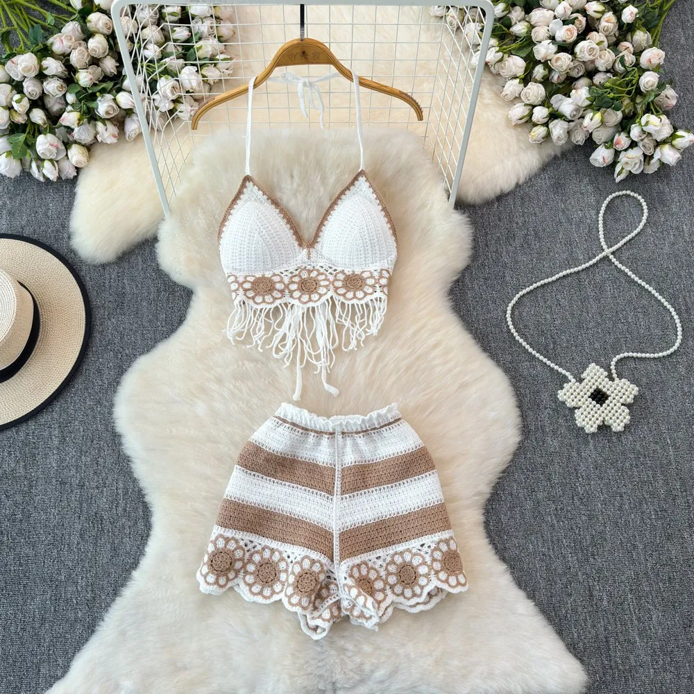V-neck Fringe Vest High-waisted Hollowed-out Wide-leg Shorts Women's Suit - Coffee