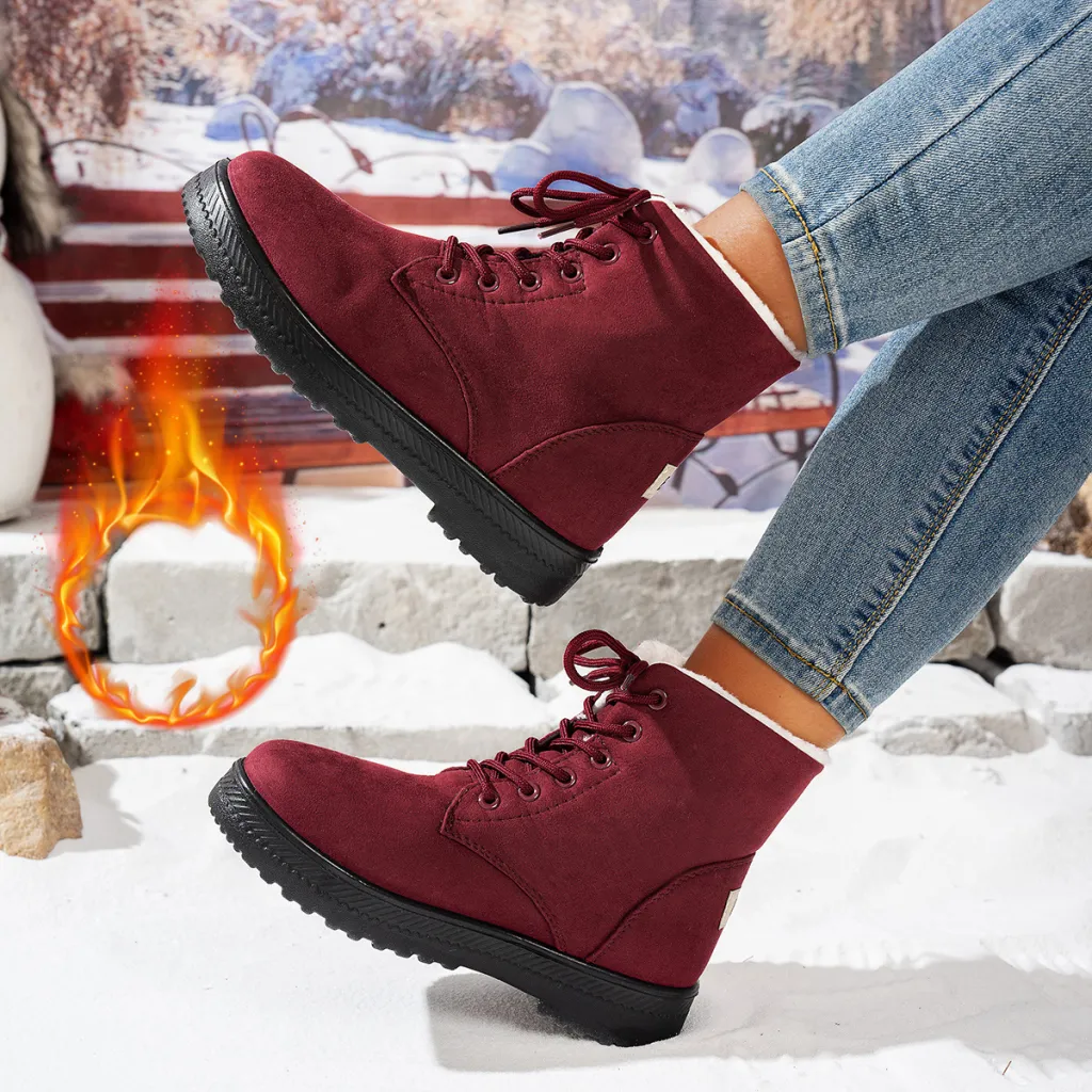 Women's Lightweight Non-slip Lace-up Thickened Warm Snow Boots - Red
