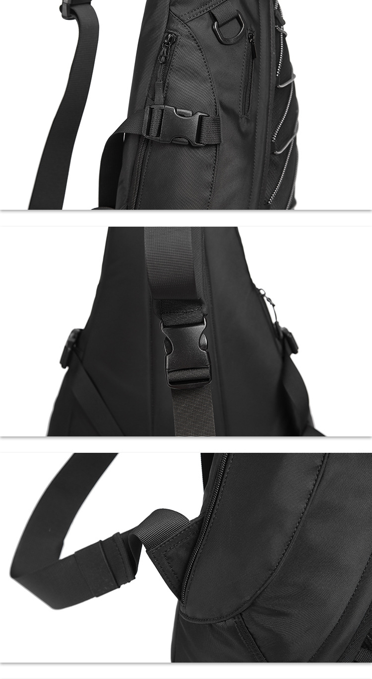 Nylon Crossbody Sling Bag with Bungee Front - adjustable buckle strap, stitching and side attachment details