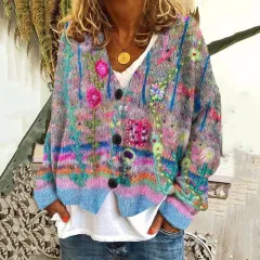 New Christmas Abstract Flowers Printing Sweater Fashion Casual Short Cardigan Coat Womens Clothing - Blue - View 1
