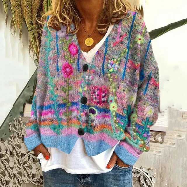 New Christmas Abstract Flowers Printing Sweater Fashion Casual Short Cardigan Coat Womens Clothing Blue - Shop at LoveMi
