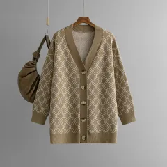 V-neck Cardigan Sweater Casual Loose Diamond Plaid Sweater Coat - Khaki - View 1