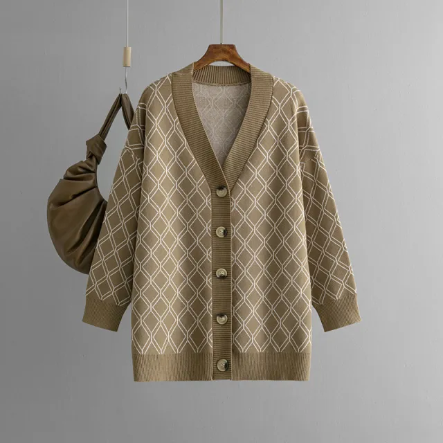 V neck Cardigan Sweater Casual Loose Diamond Plaid Sweater Coat Khaki - Shop at LoveMi