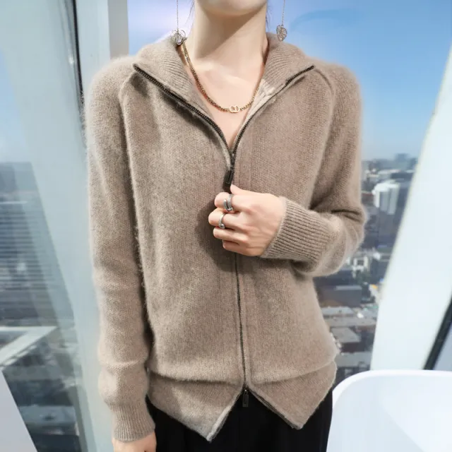 Seven pin Thickened Double Zipper Half Turtleneck Knitted Cardigan Coat Sweater Camel - Shop at LoveMi