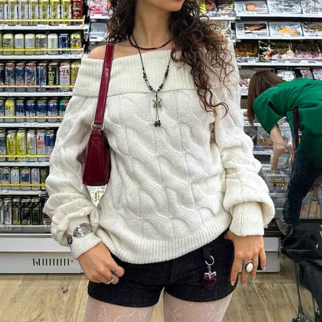 Simple Fashion Shoulder baring Sweater Woolen For Women White - Shop at LoveMi
