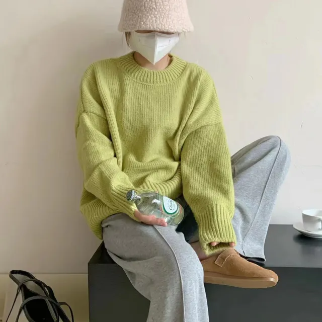 Round Neck Pullover Loose And Lazy Style Thickened Sweater Matcha Average Size - Shop at LoveMi