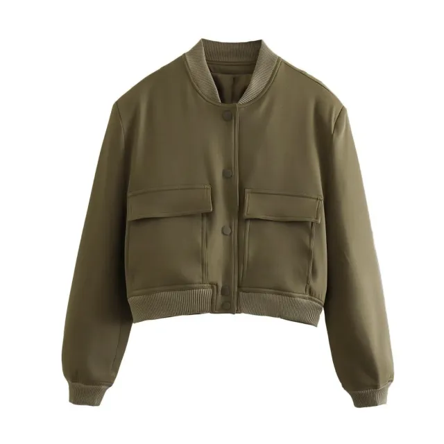 Autumn Y2g Stand Collar Double Pocket Biker Pilot Jacket Top Olive Green - Shop at LoveMi