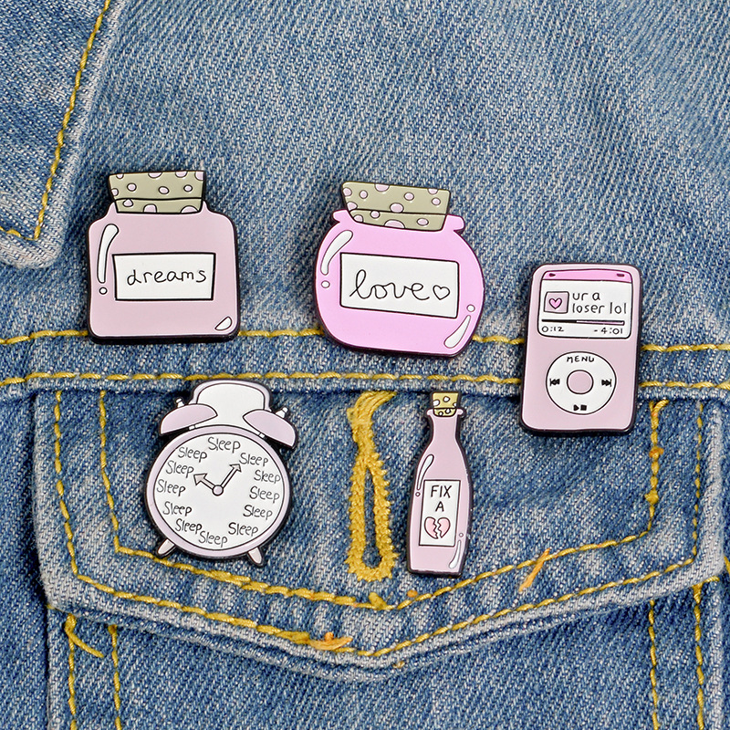 Title 5, Cute Cartoon Pink Alarm Clock Bottle Alloy Brooch