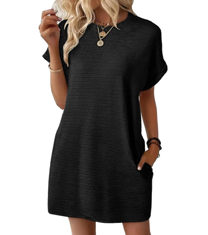 Summer New Loose Round Neck Pocket Solid Color Short Sleeve Dress Women Black - Shop at LoveMi