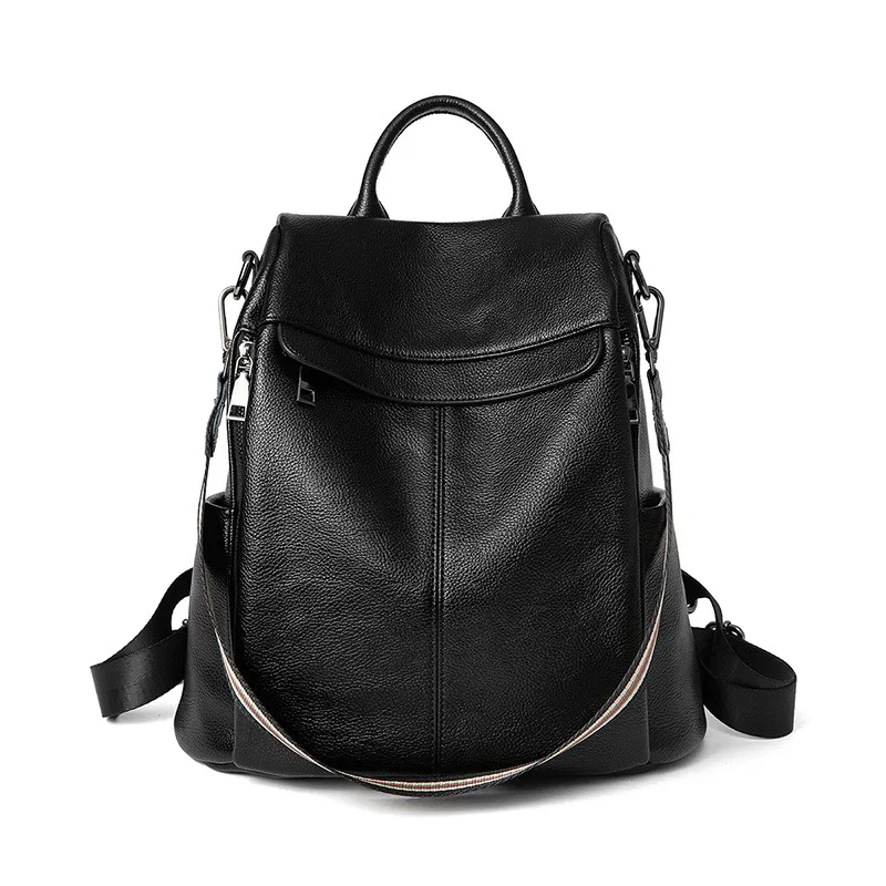 Korean Style All-match Soft Leather Casual Ladies Backpack - Black