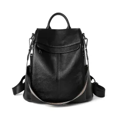 Korean Style All-match Soft Leather Casual Ladies Backpack - Black - View 1