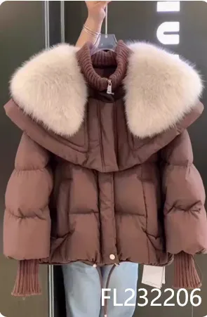 Parka Coat Petite Short Style Large Faux Fur Collar Thickened Cotton Jacket Coffee - Shop at LoveMi