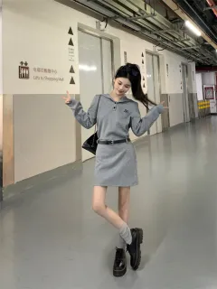 Plus Size Retro Woolen Coat Dress Suit - Grey Dress - View 1