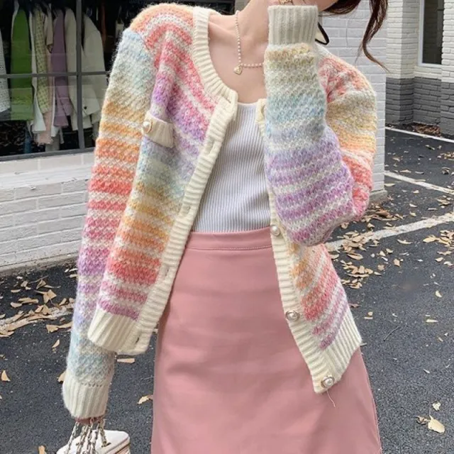 Women's Short Coat Color Striped Sweater Coat Pink - Shop at LoveMi