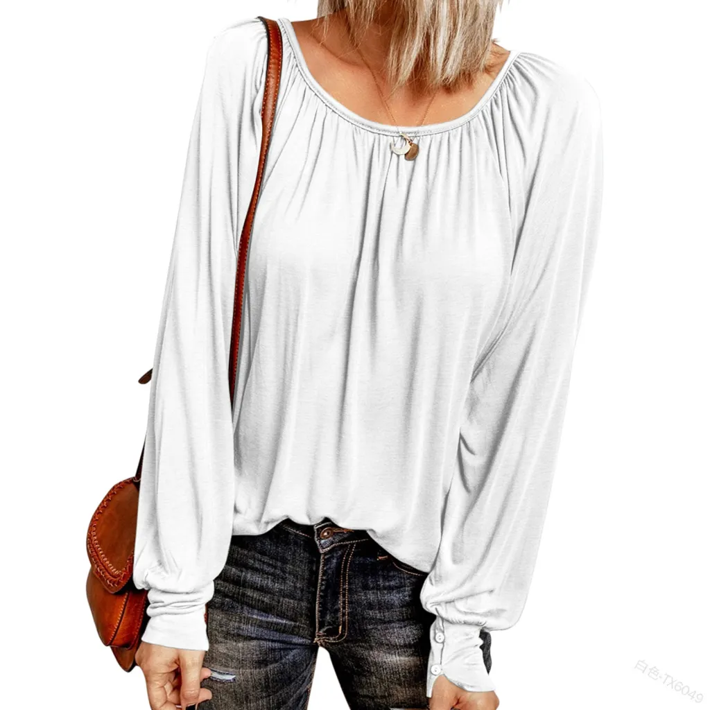 Solid Color Crew Neck Casual Pleated Long-sleeved Top For Women - White