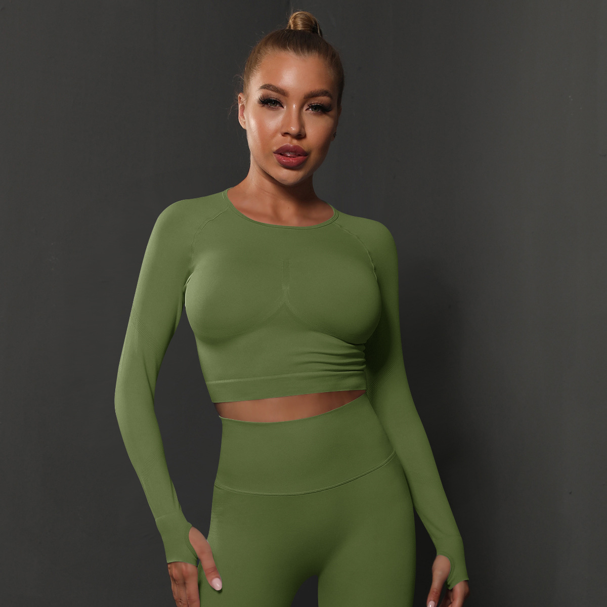 Seamless Knitted Solid Color Peach Tight Top Green - Shop at LoveMi