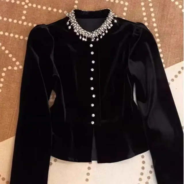 Black Beaded Velvet Puff Sleeve Shirt Black - Shop at LoveMi