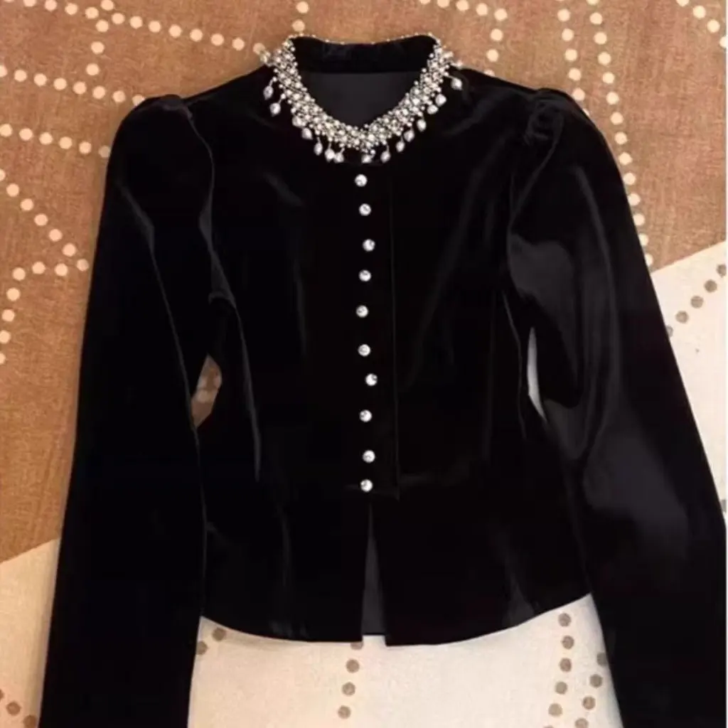 Black Beaded Velvet Puff Sleeve Shirt - Black