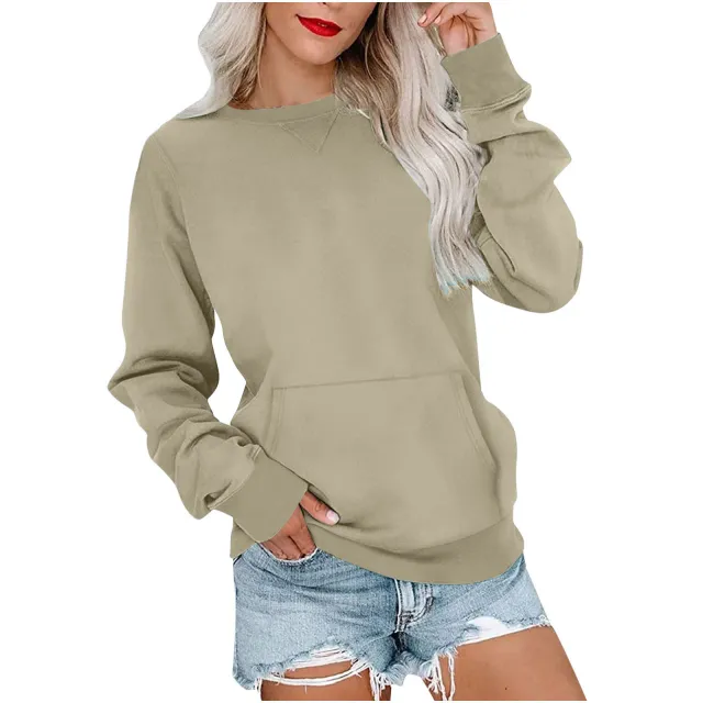 Women's Pin Solid Color Round Neck Loose Long sleeved Sweater Champagne - Shop at LoveMi