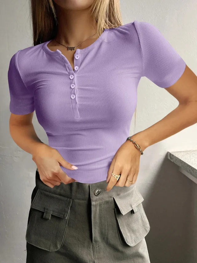 Women's Short Sleeve Button Rib Slim Fit Knitted Sweater Violet Xl - Shop at LoveMi