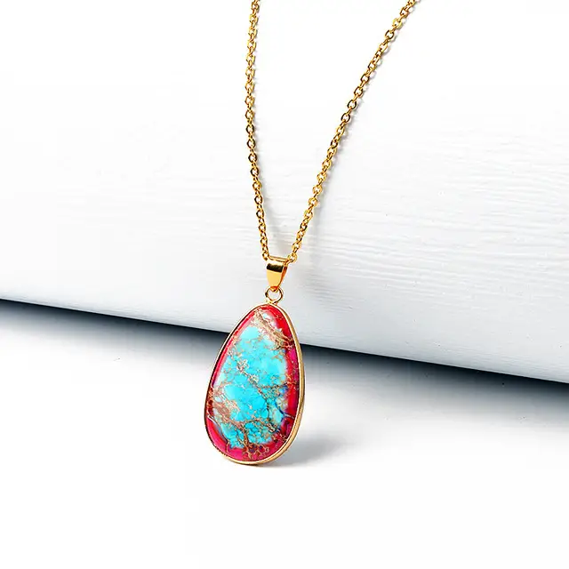 Oval Natural Emperor Stone Edging Pendant Stainless Steel 18K Gold Necklace
