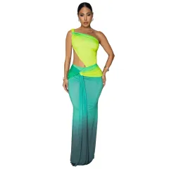 Summer Sexy Cross-shoulder Bag Arm Gradient Dress - Green - View 1
