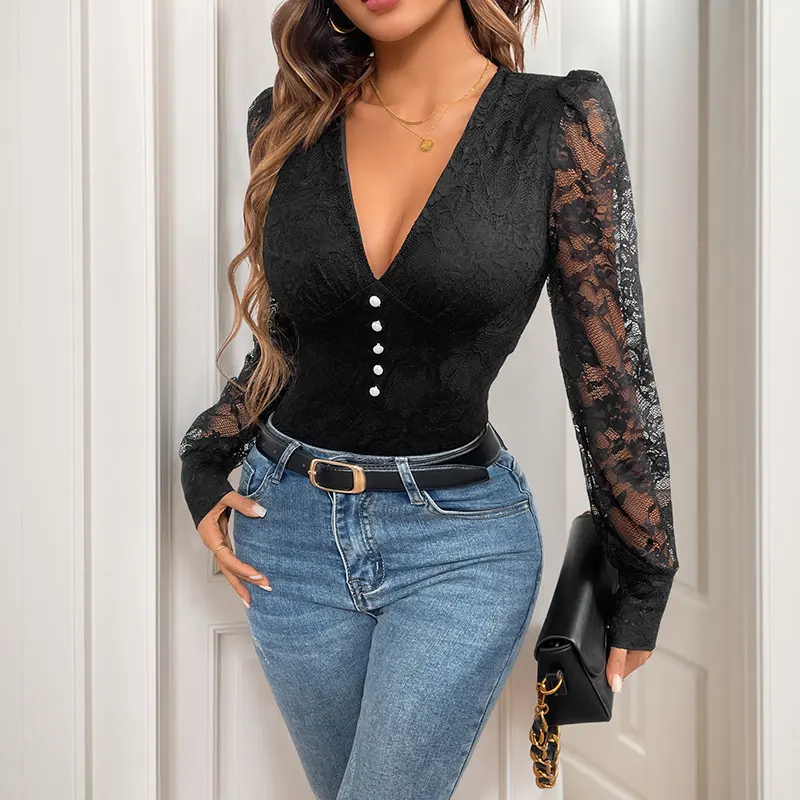 Sexy Retro Elegant Style Deep V-neck Lace Long Sleeve