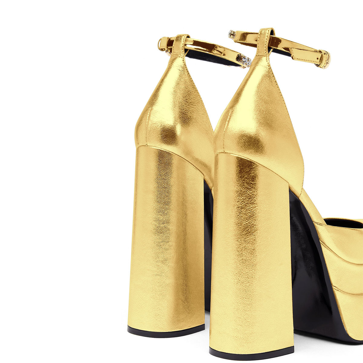 Golden Square Head Hollow Waterproof Platform Buckled Chunky Heel Super High Heel