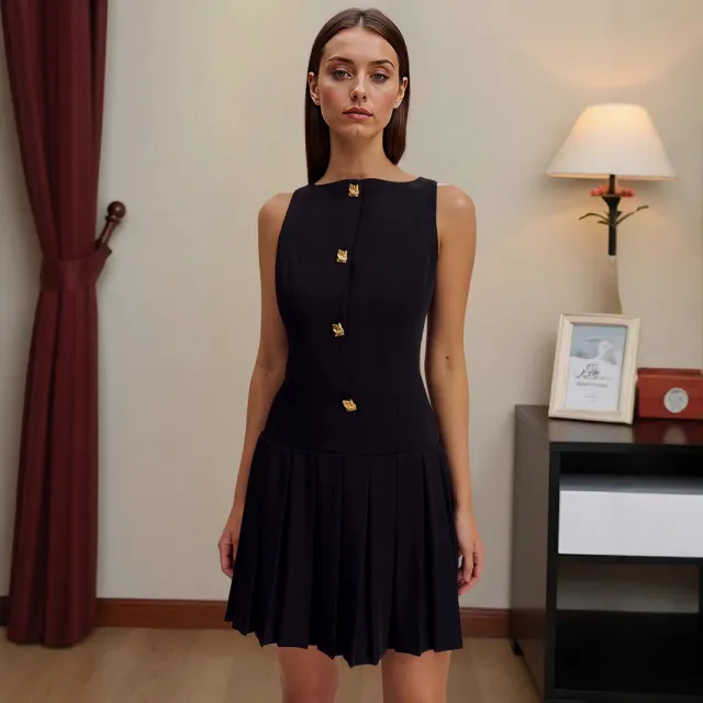 Minimalist Womens Dress With A Distinctive Pleated Cinched Waist Black - Shop at LoveMi