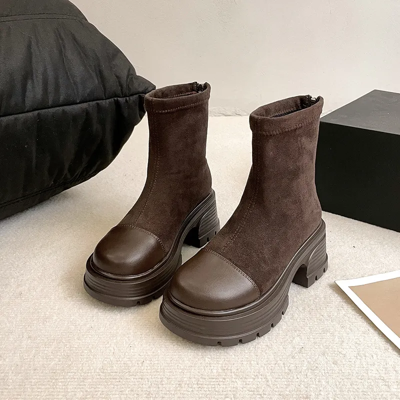 Retro Chunky Heel Versatile High-rise Suede Smoke Tube Boots - Brown