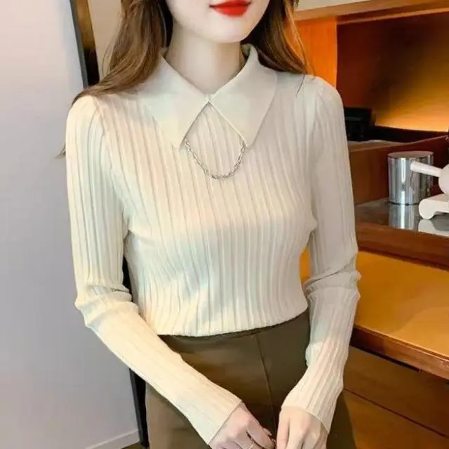 Early Autumn Winter Thread Sunken Stripe Slim Fit Pullover Inner Wear Knitted Bottoming Shirt Lapel Long Sleeve Sweater Apricot - Shop at LoveMi