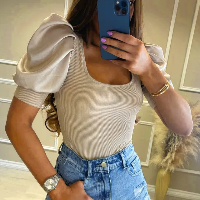Women's Fashion Low Cut Round Neck Puff Sleeve Thread Slim Khaki - Shop at LoveMi