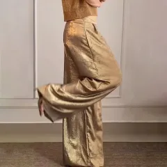 Women's High Waist Slimming Loose Casual Wide Leg Pants - Gold - View 1