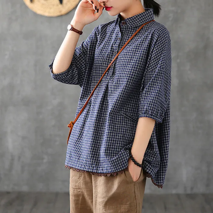 Retro Lace Loose Oversized Plaid Shirt - Blue