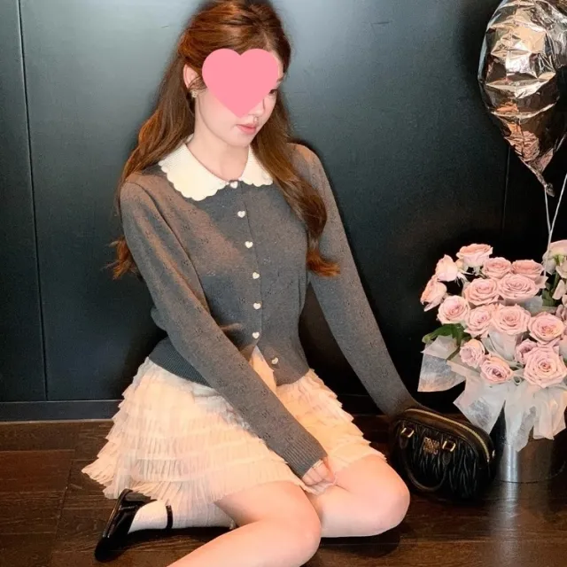 Navy Blue Contrast Color Doll Collar Petal Design Long Sleeve Knit Sweater Gray - Shop at LoveMi